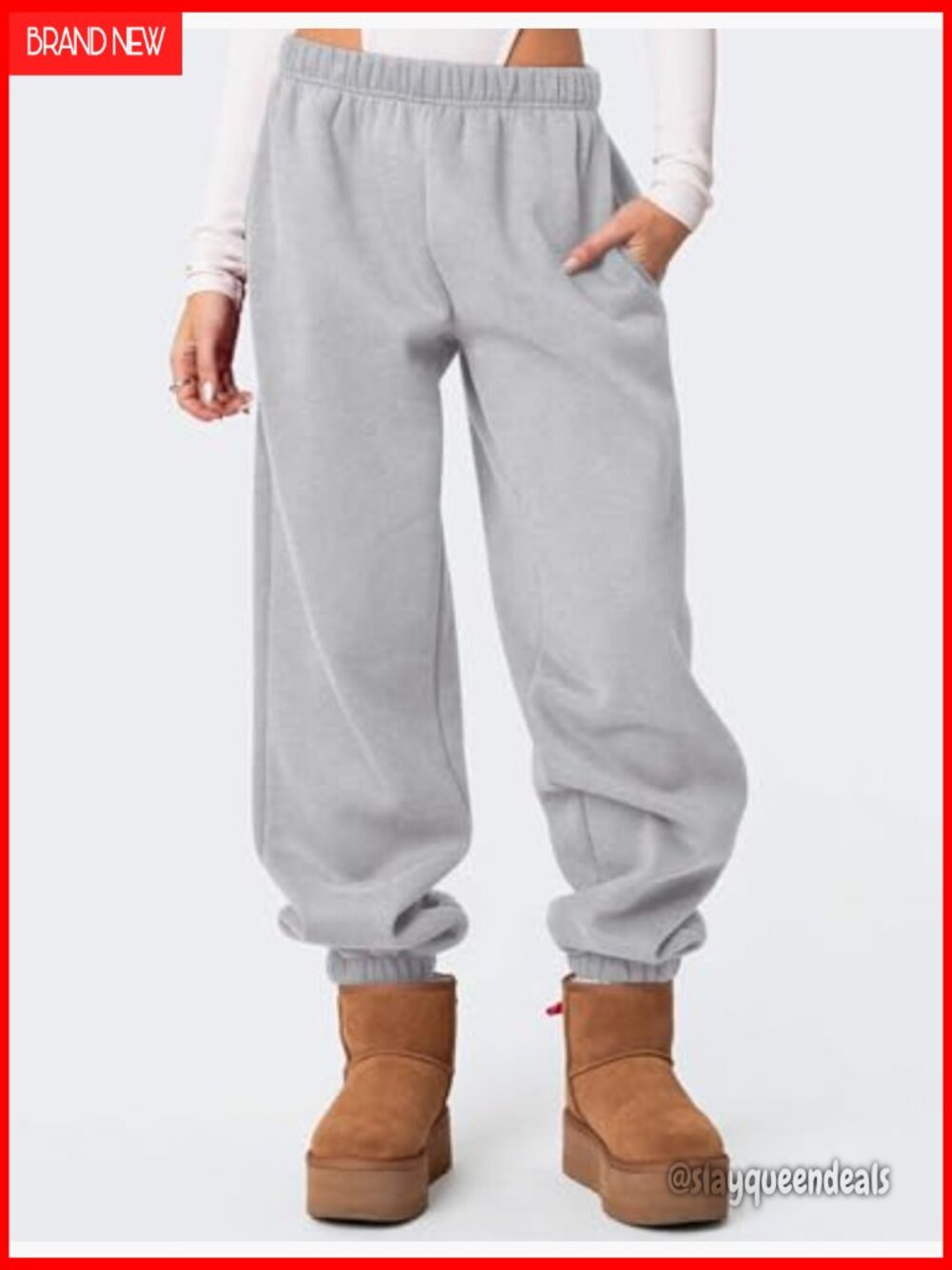 Fleece Lined High Waist Baggy Sweatpants with Pockets Joggers - Picture 4 of 7